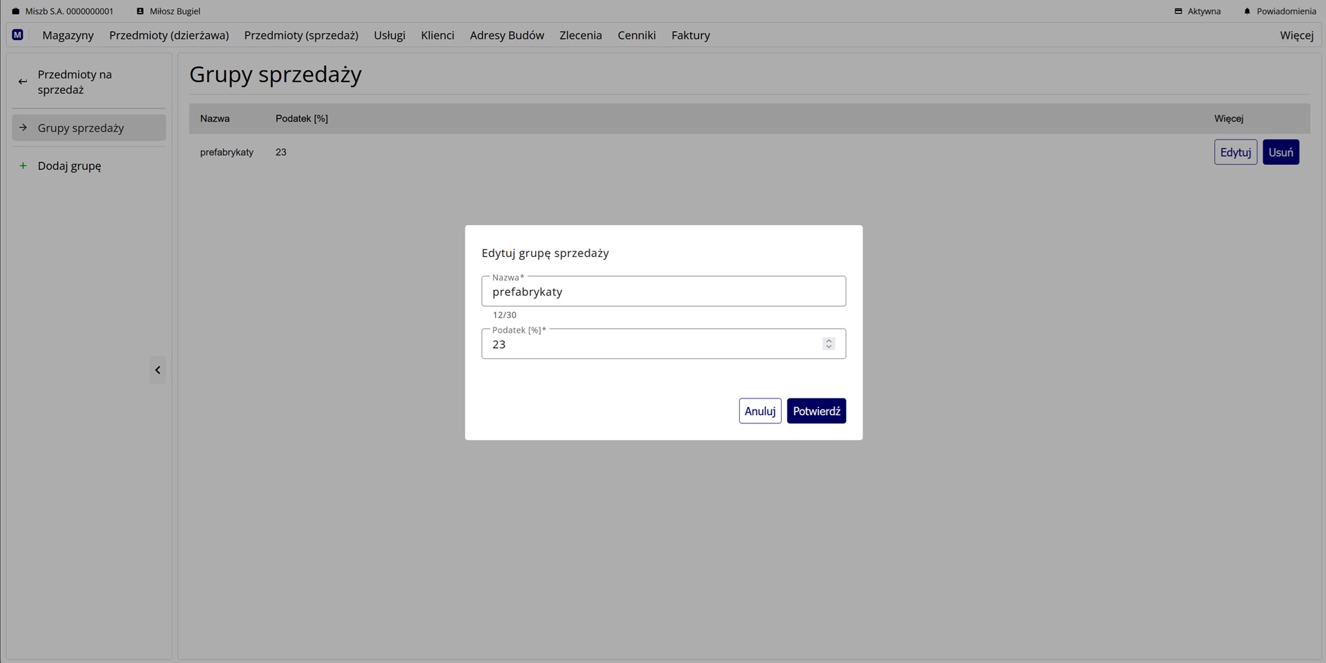formularz edycji grupy sprzedaży