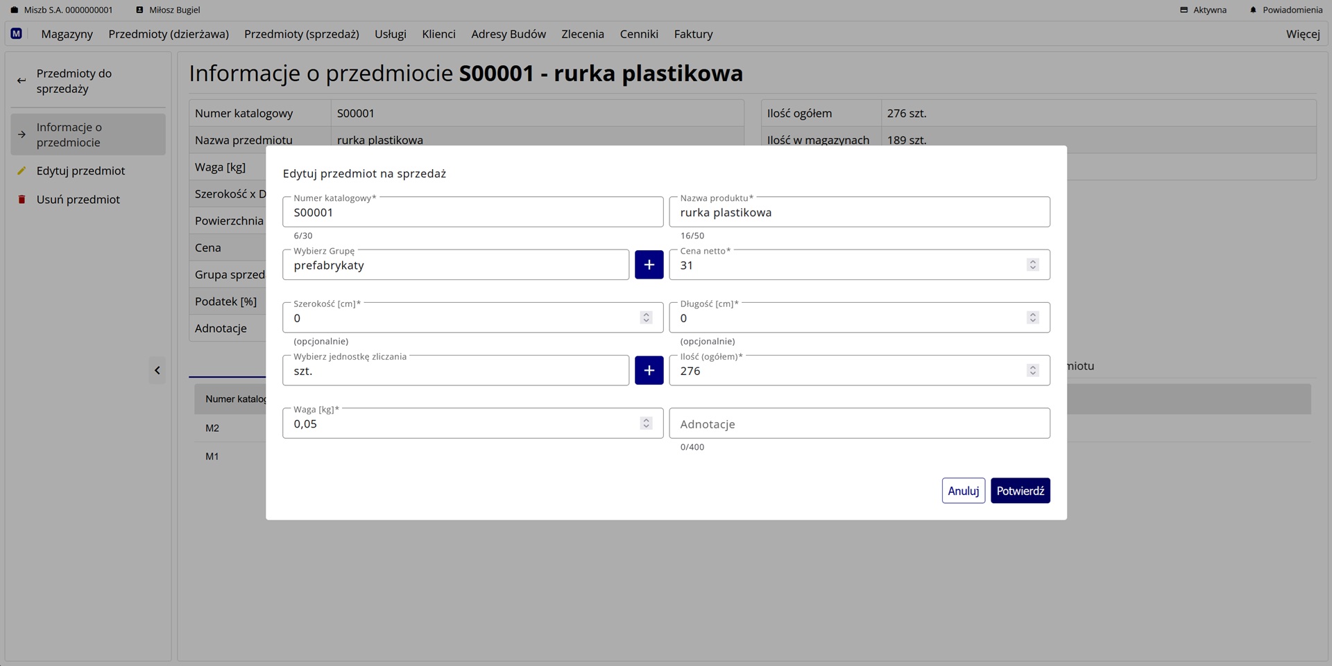 Formularz edycji przedmiotu na sprzedaż