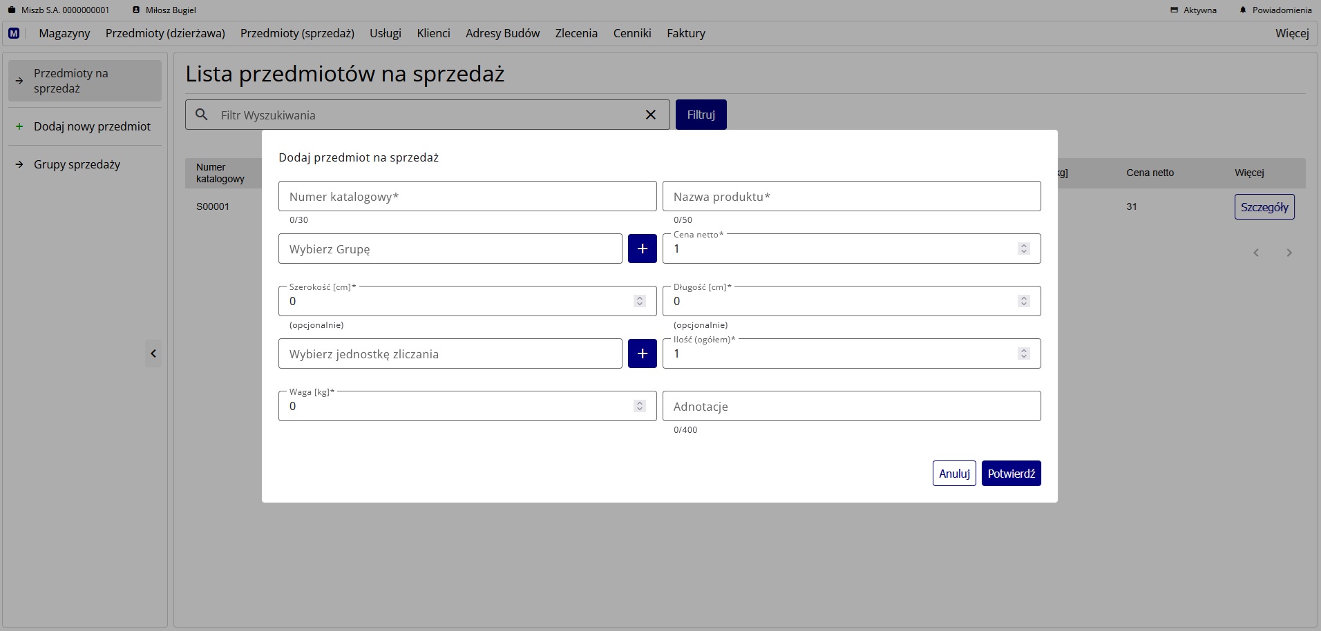 formularz przedmiotów na sprzedaż