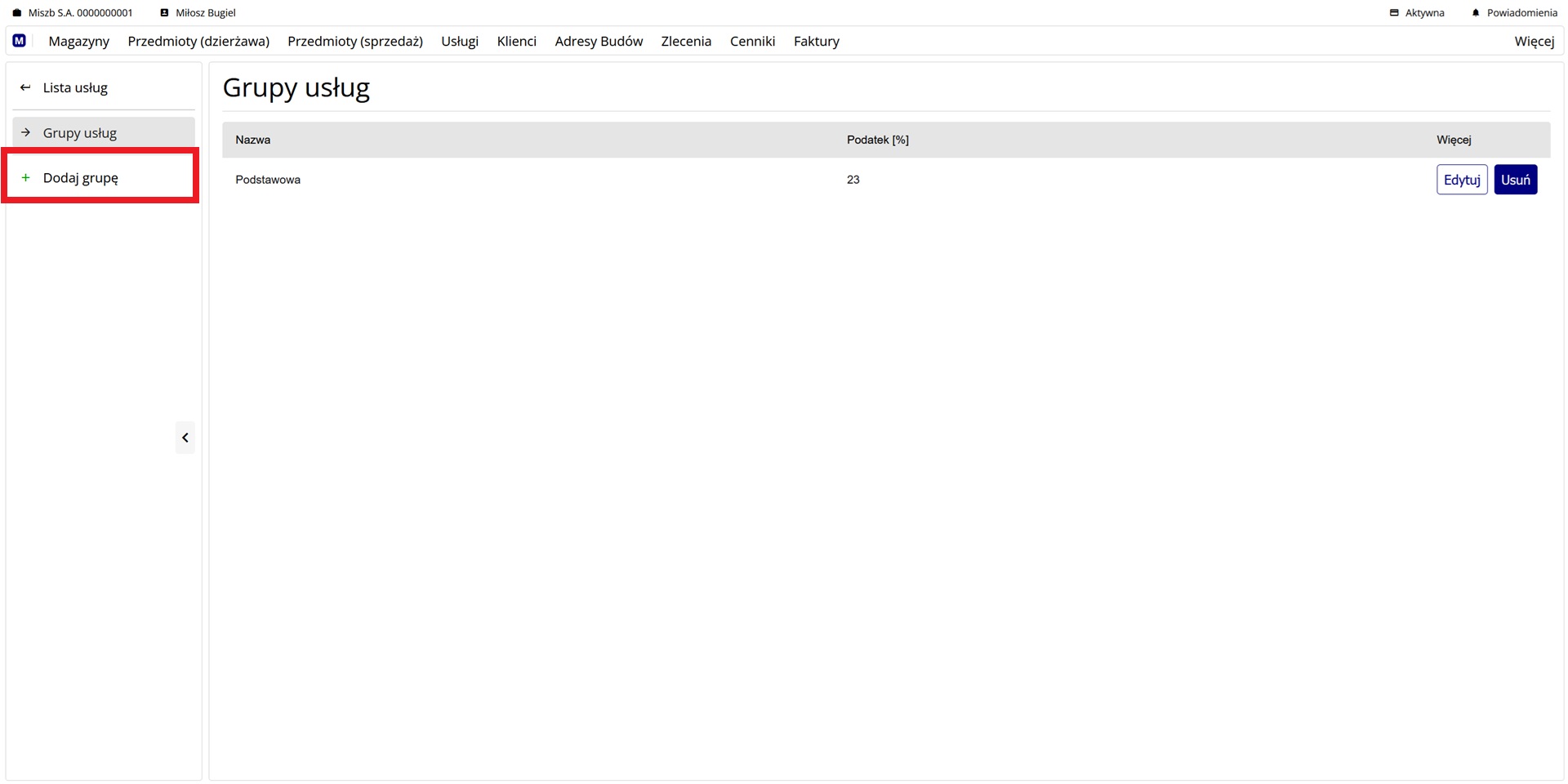 lista grup usług i przycisk dodawania grupy
