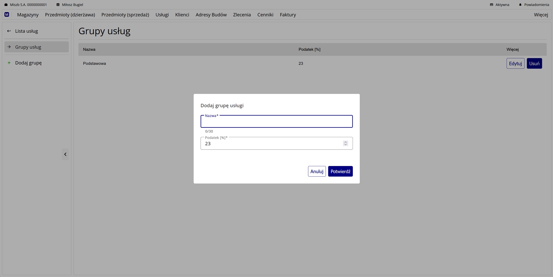 formularz dodawania grupy usług