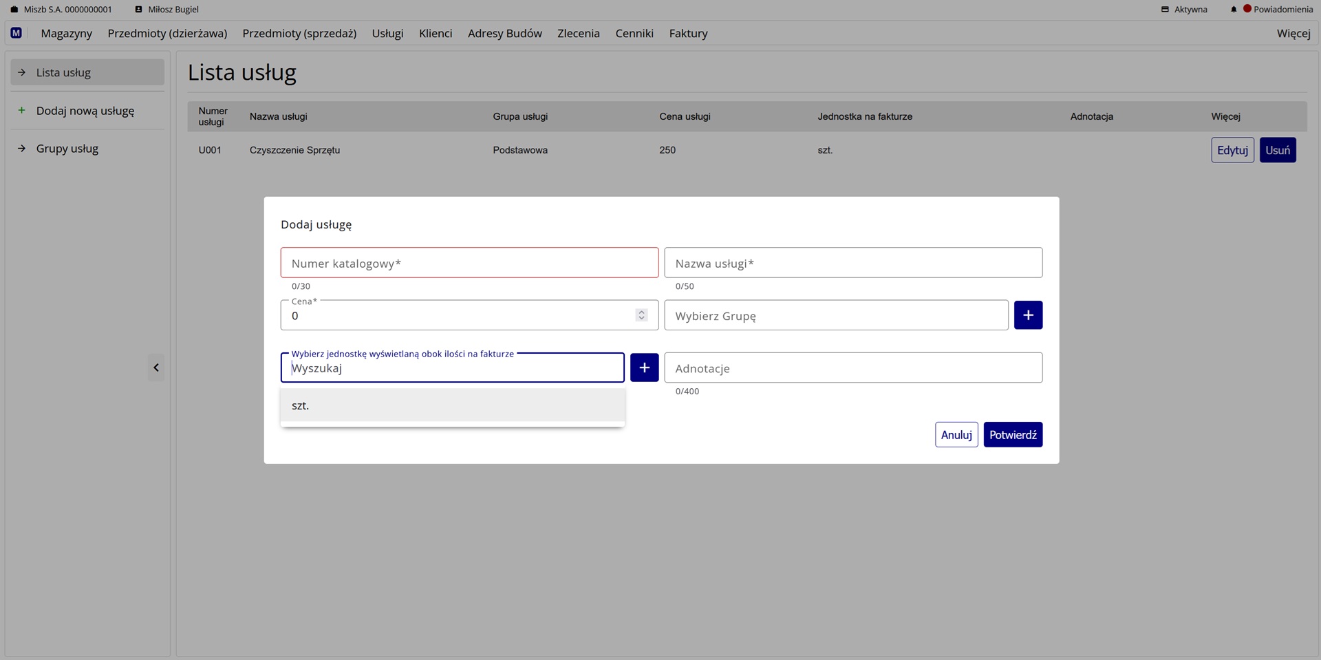 formularz dodawania usługi