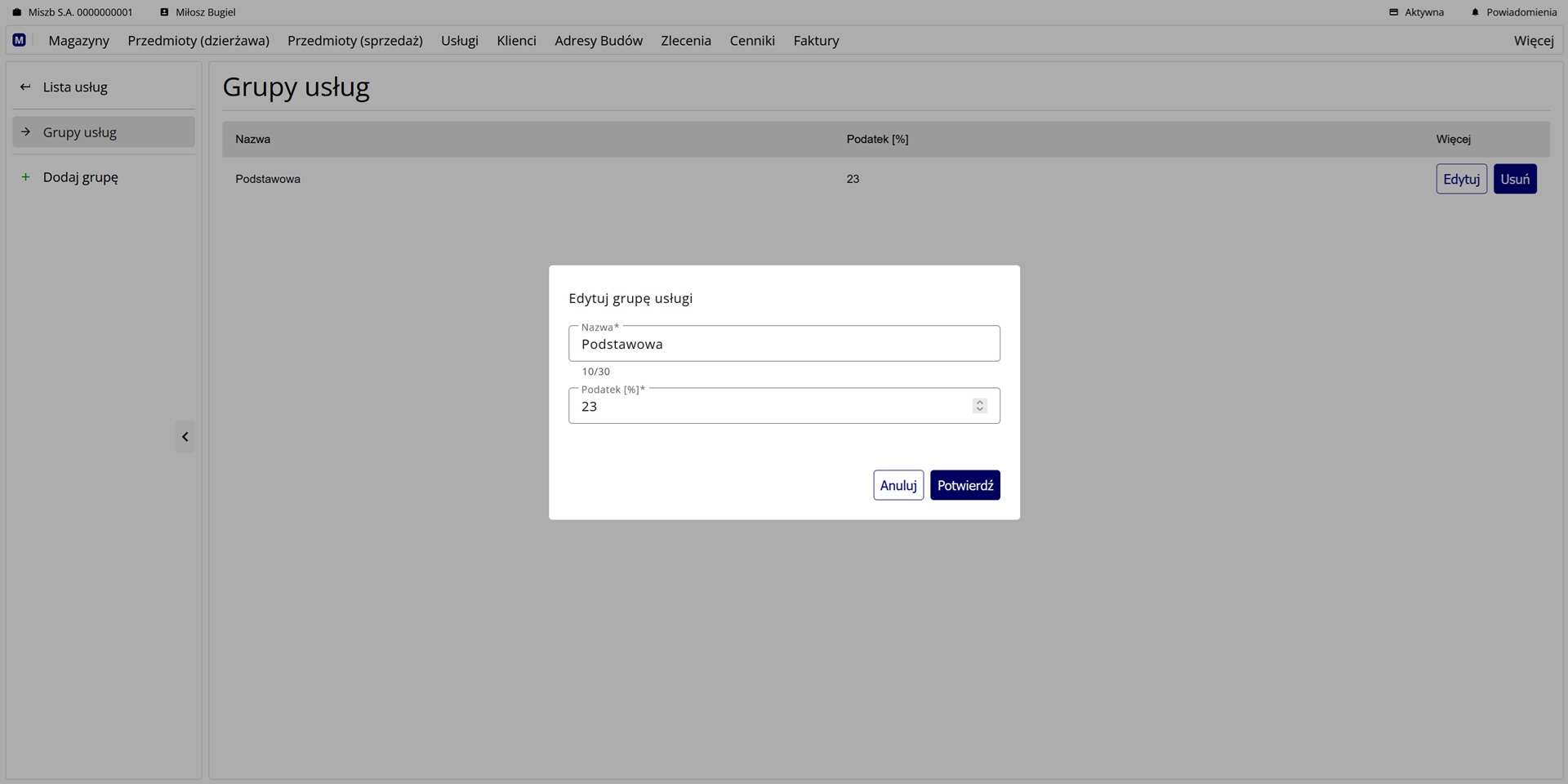 formularz edycji grupy usług