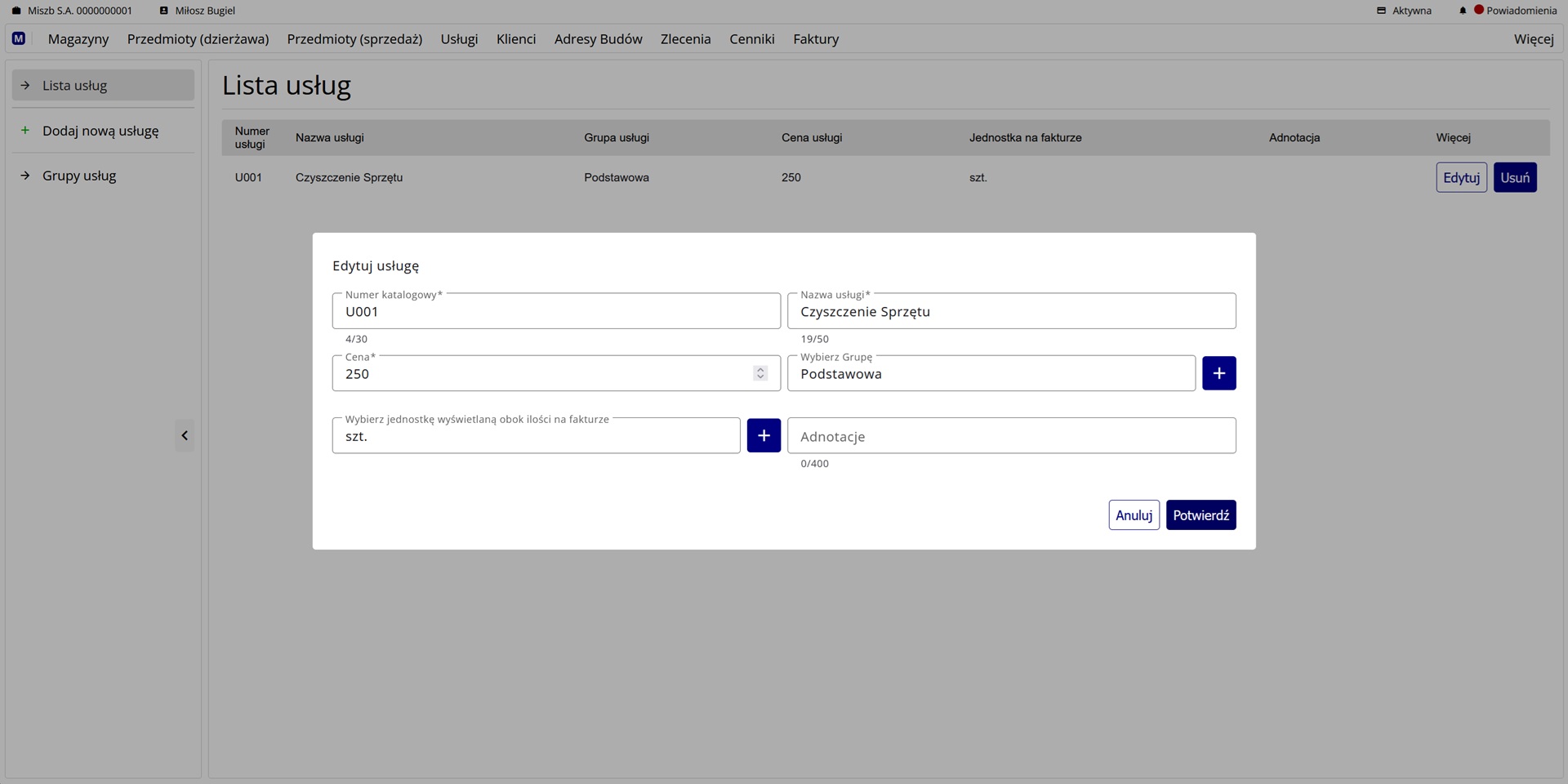 formularz edycji usługi