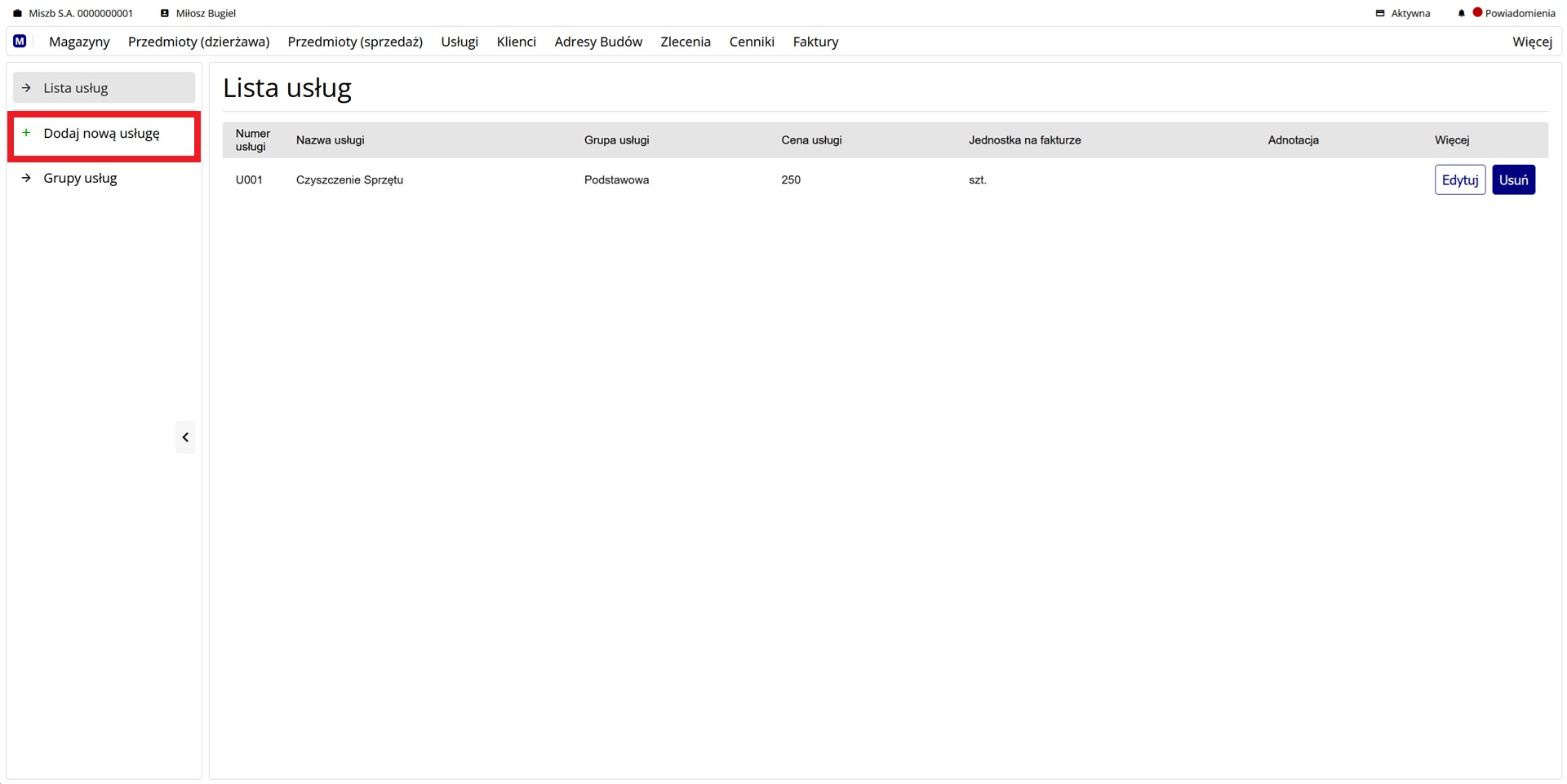 lista utworzonych usług i przycisk dodawania nowej usługi