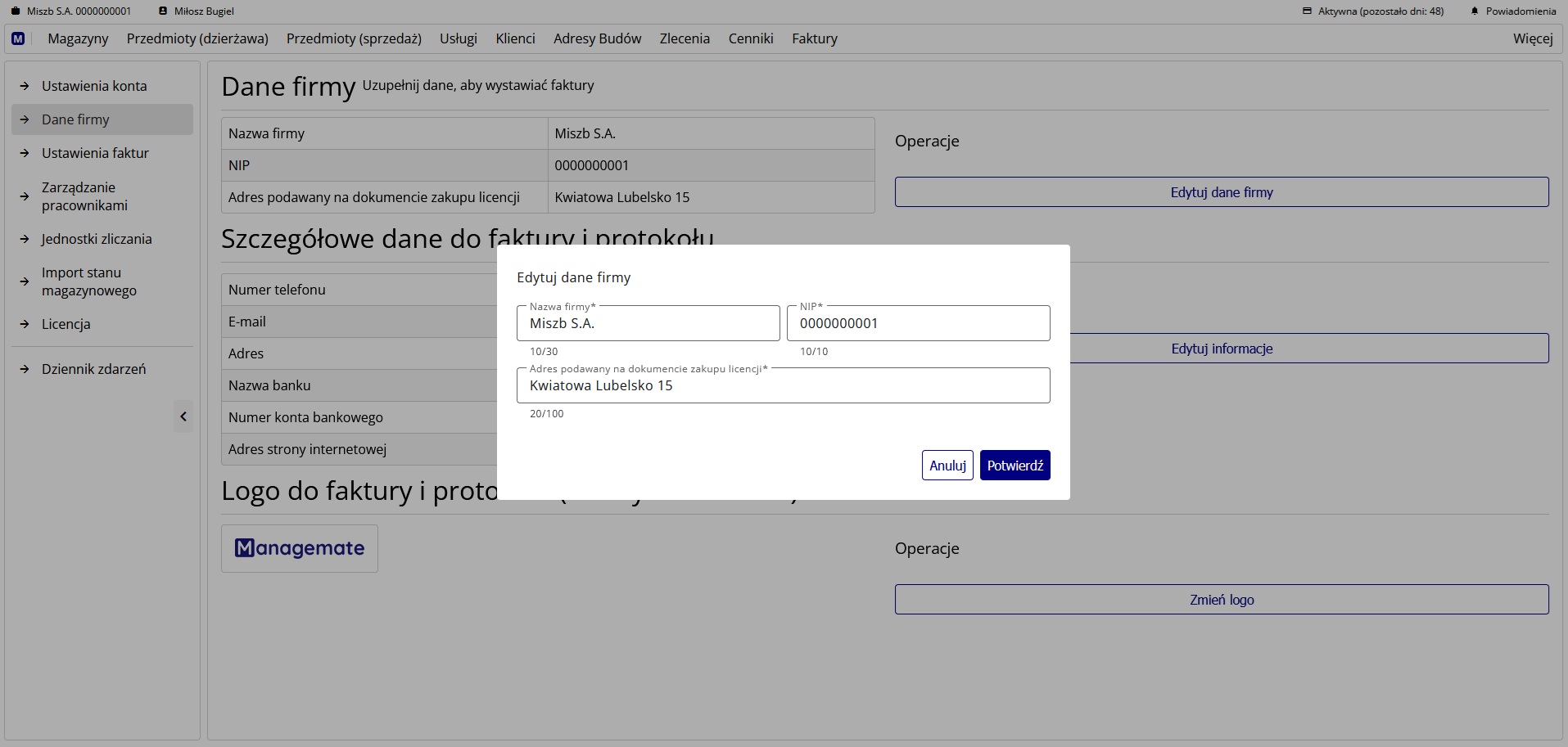 Okno edycji danych firmy