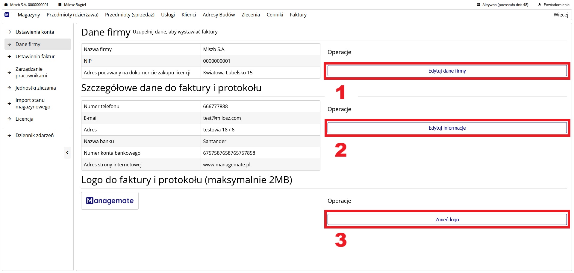 Widok podstrony z danymi firmy