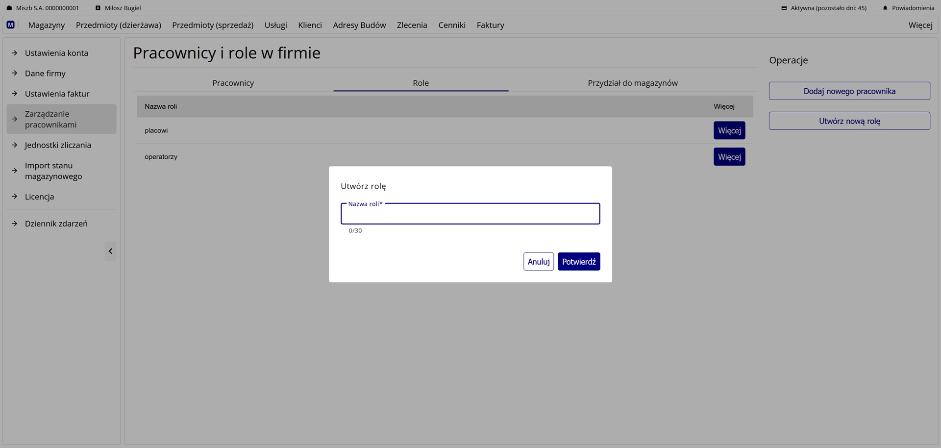 Okno dodawania nowej roli