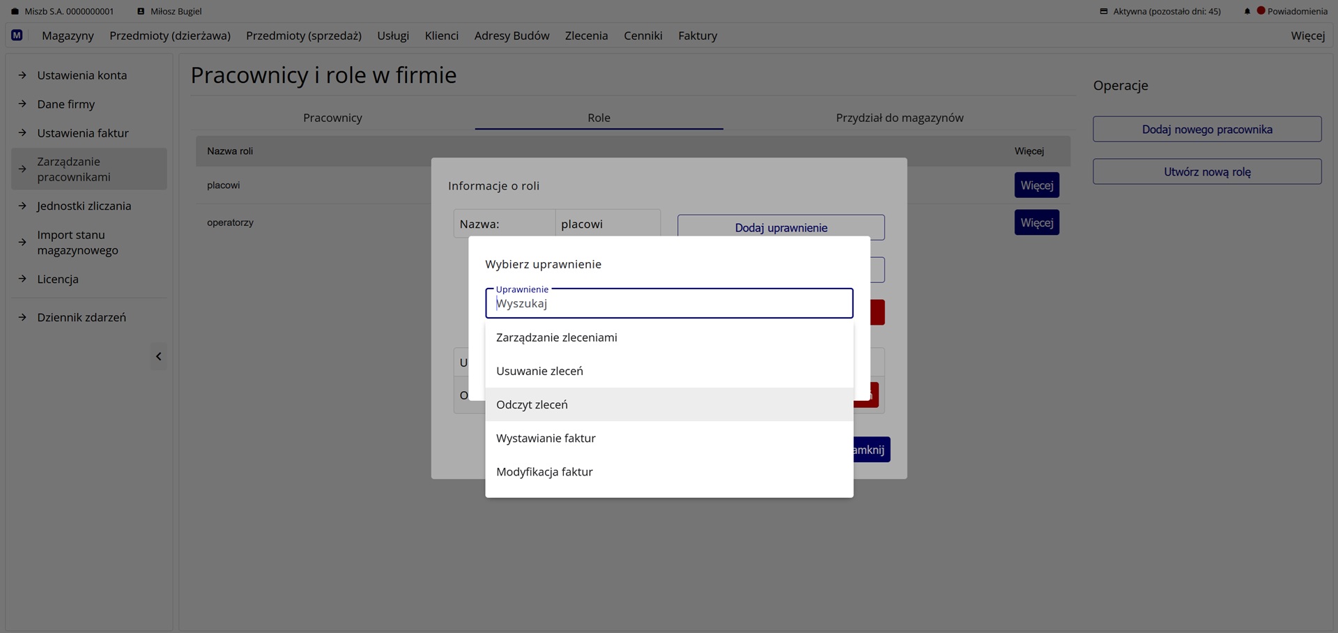 Okno wyboru uprawnienia do nadania
