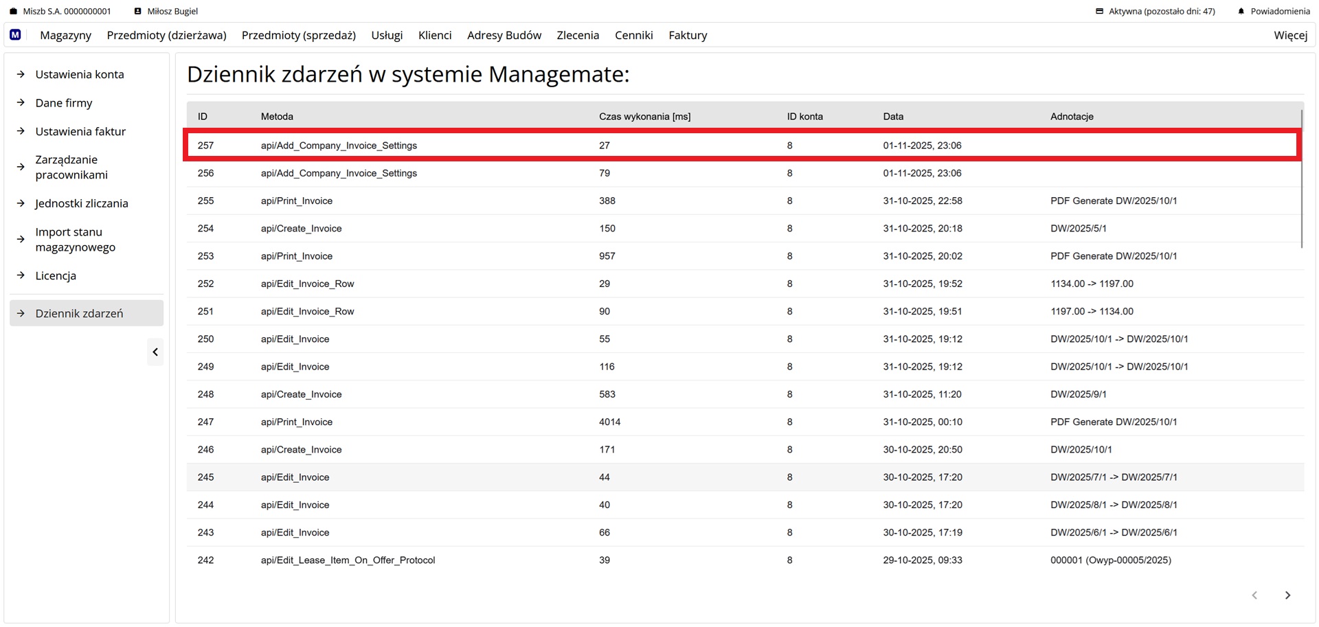Widok podstrony z listą zdarzeń w systemie
