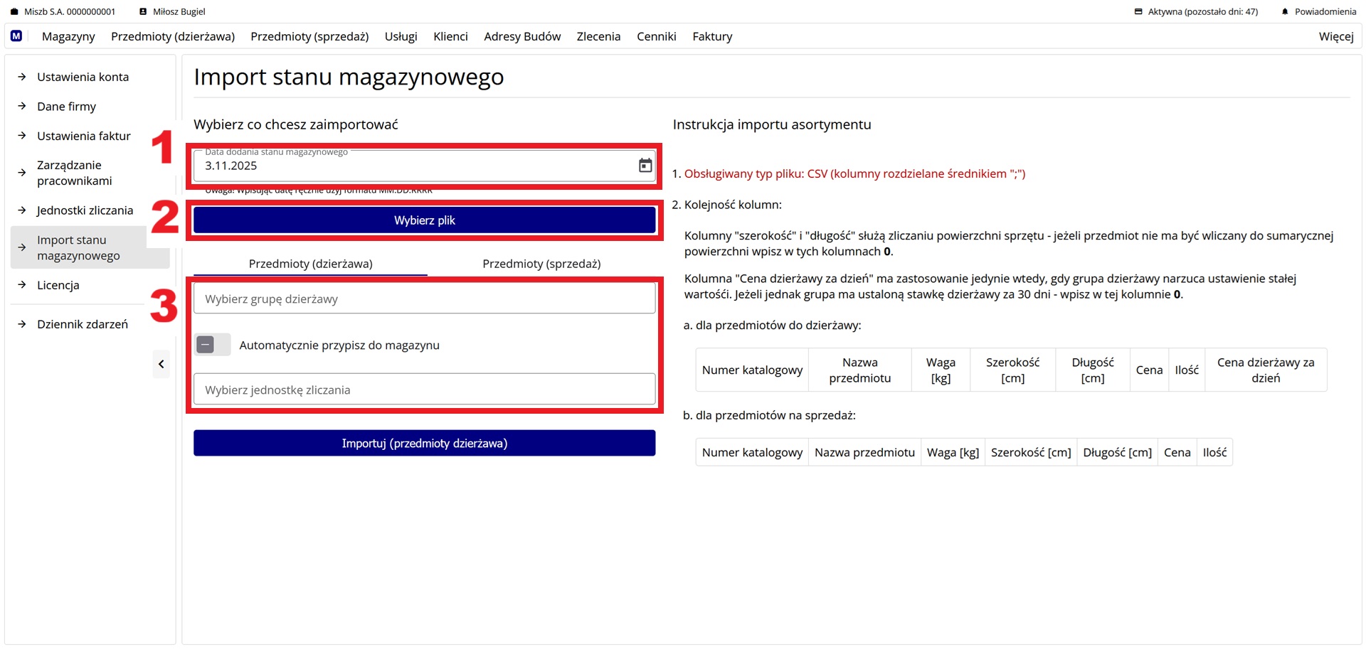 Widok podstrony importu stanu magazynowego
