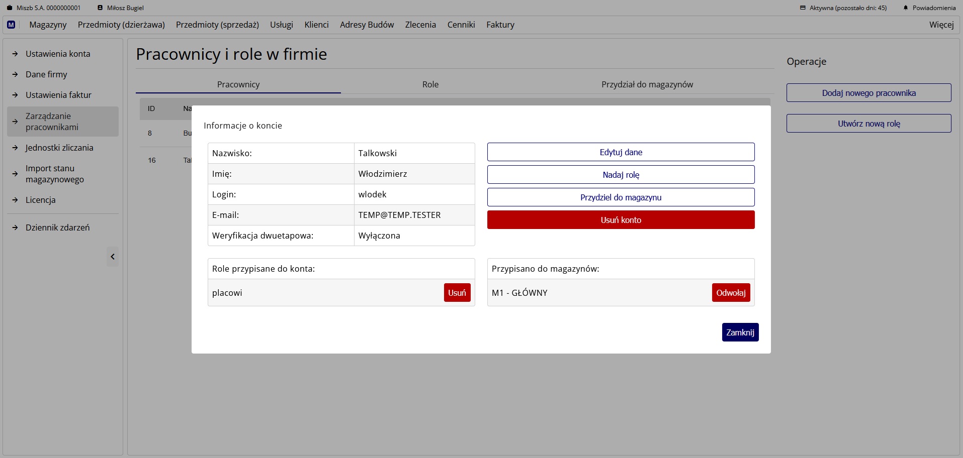 Okno informacji o koncie pracownika