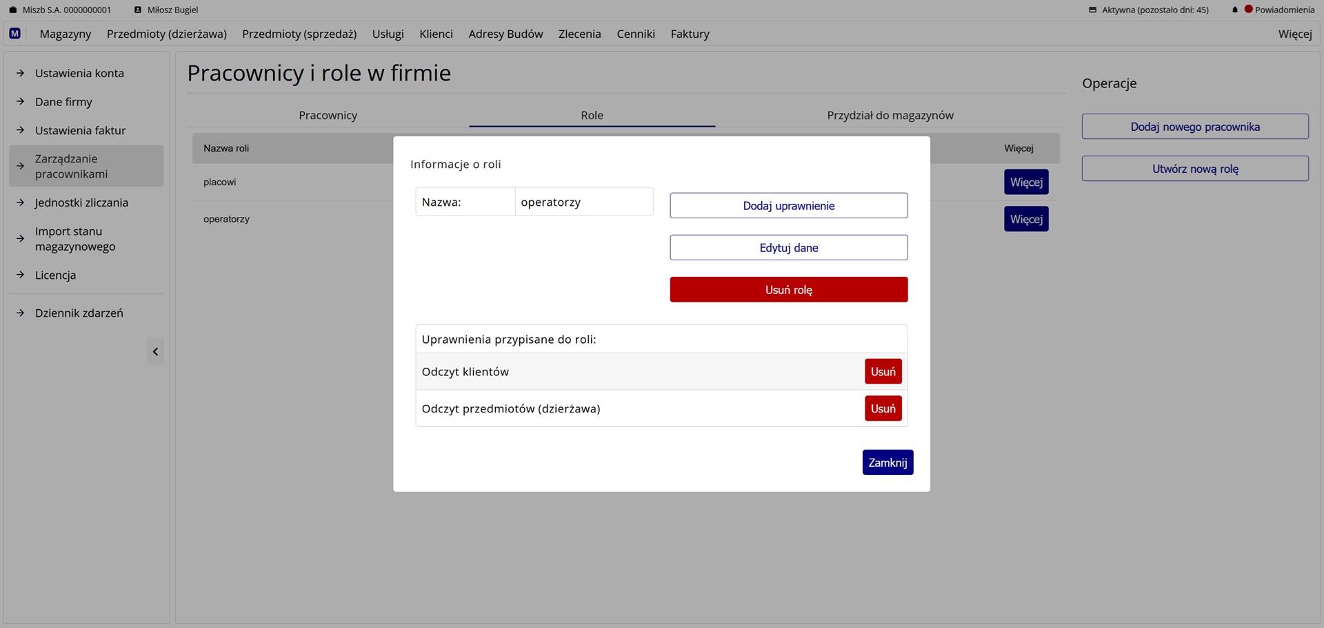 Okno informacji o utworzonej roli