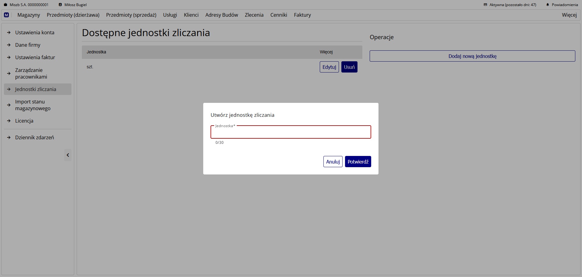 Okno dodawania nowej jednostki zliczania