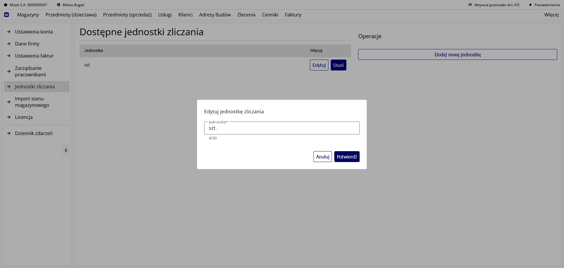 Okno edycji jednostki zliczania