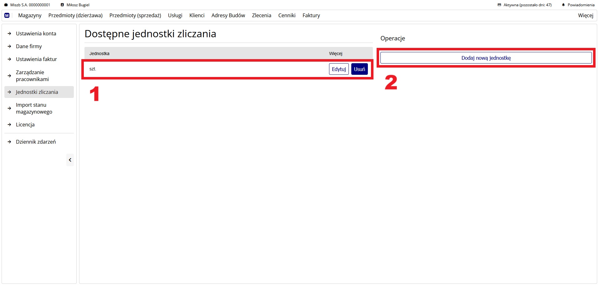 Widok podstrony jednostek zliczania