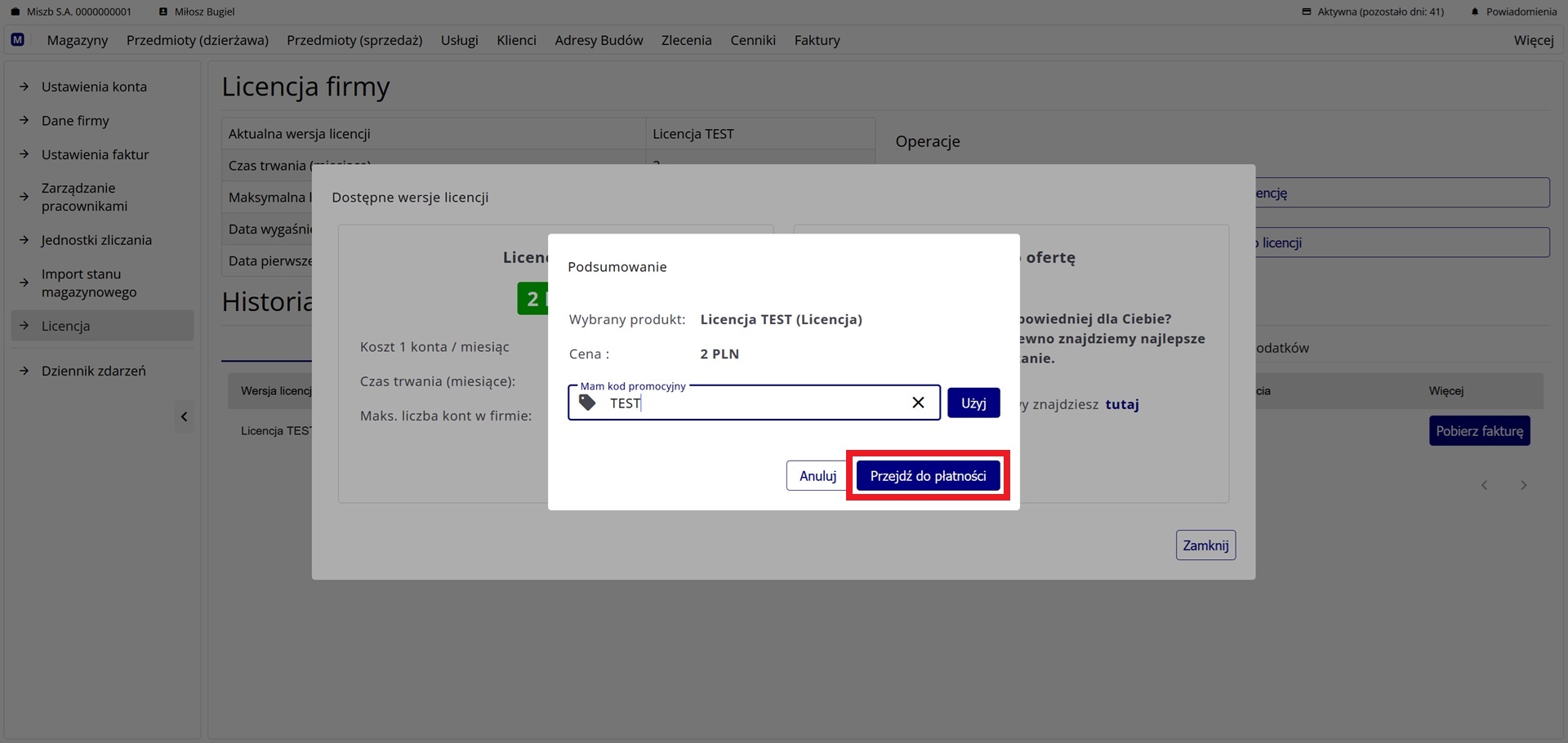 Okno podsumowania wybranego produktu