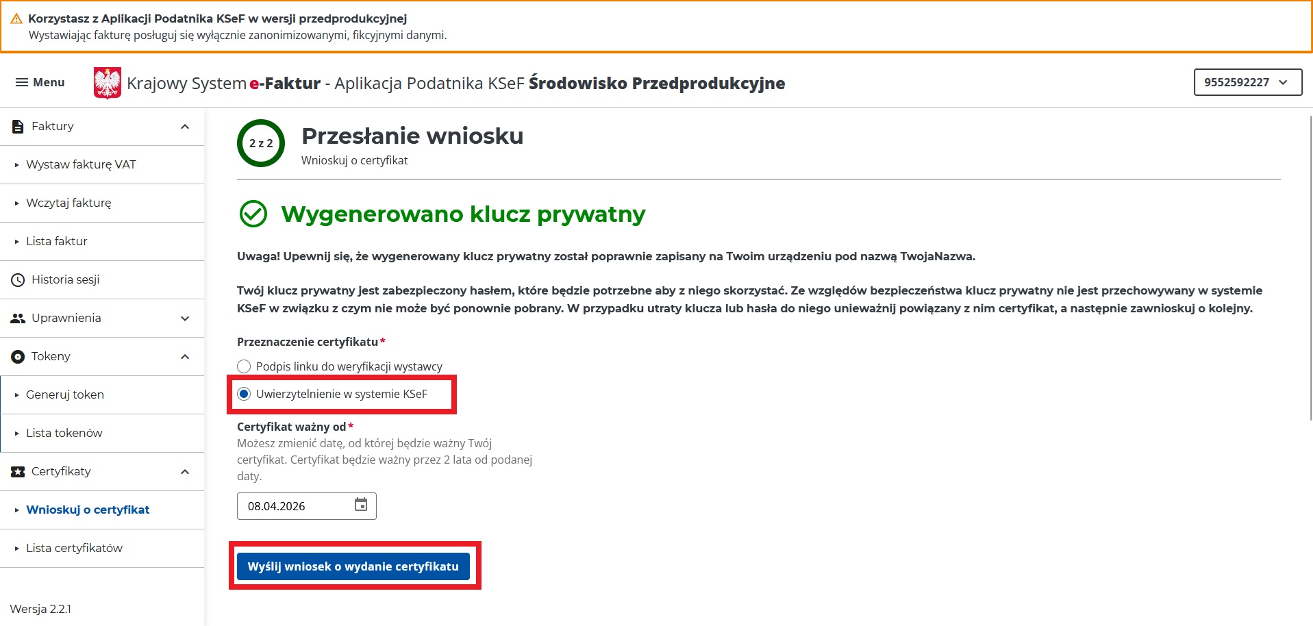 Druga strona konfiguracyjna certyfikatu KSeF