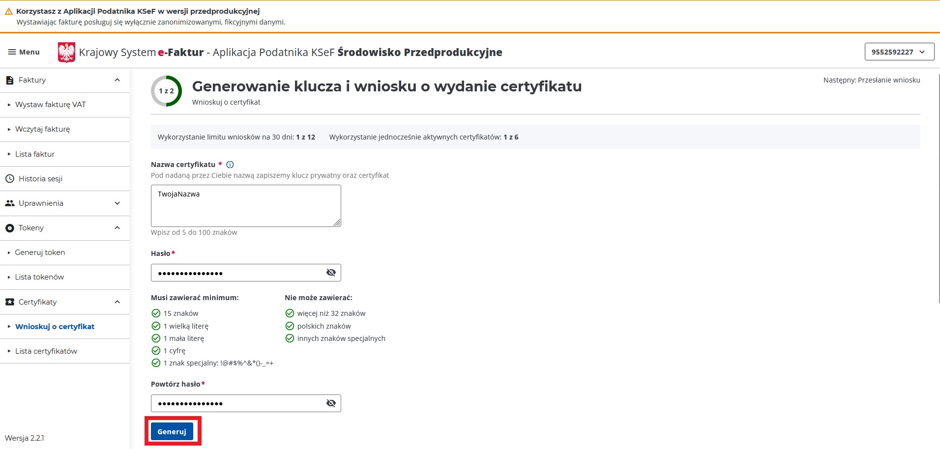 Strona konfiguracyjna certyfikatu KSeF