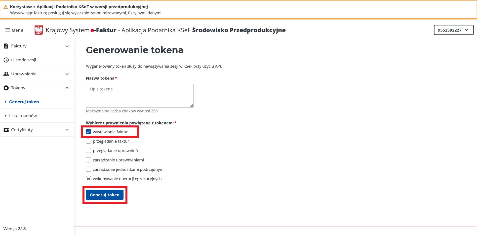 Strona konfiguracyjna tokena KSeF
