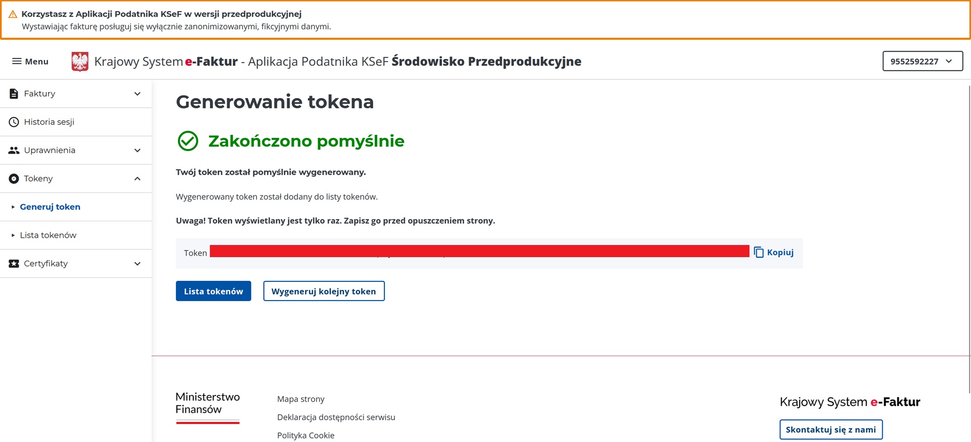 Strona z pomyślnie wygenerowanym tokenem dostępowym