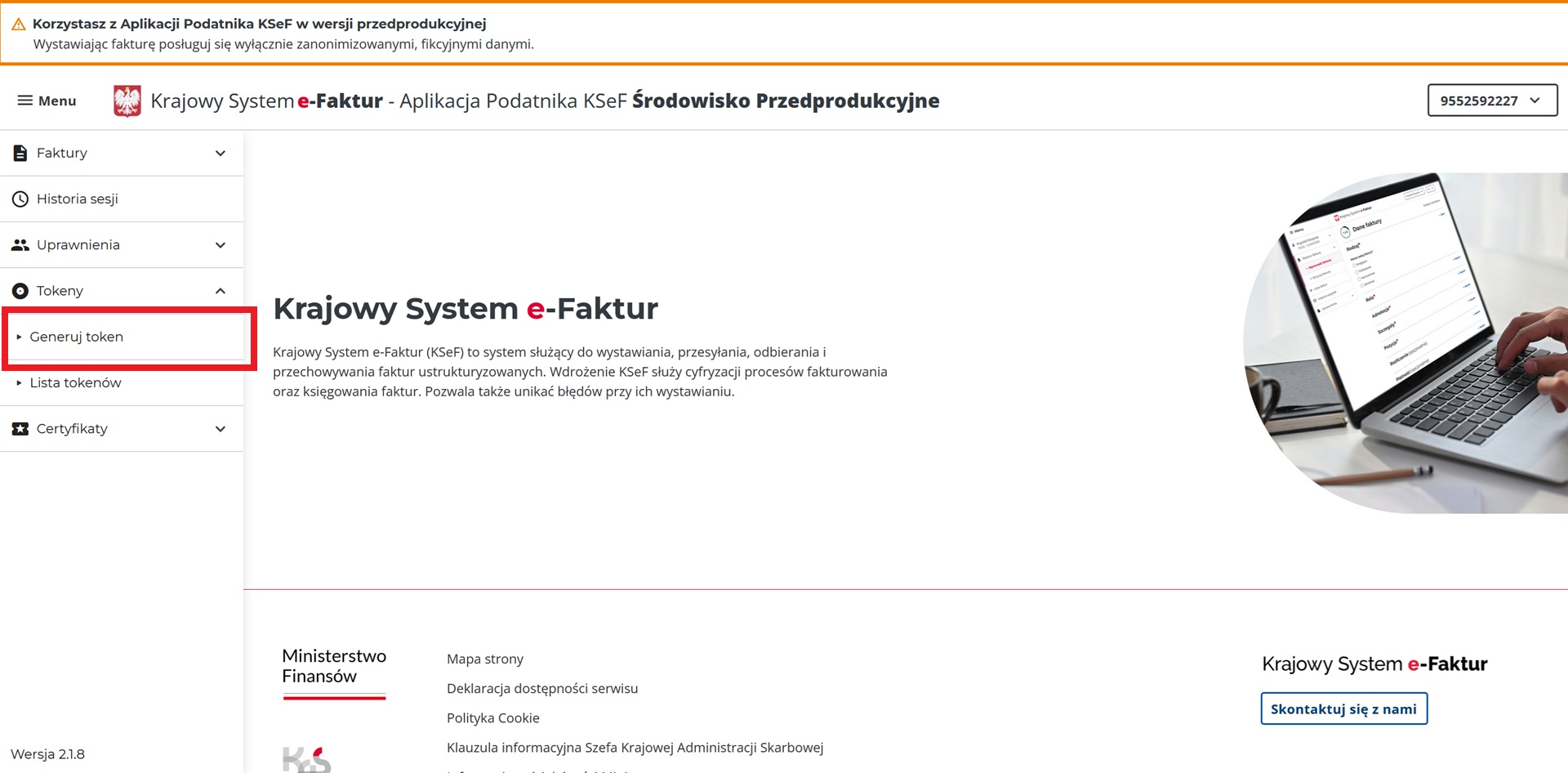 Widok strony głównej krajowego systemu e-faktur