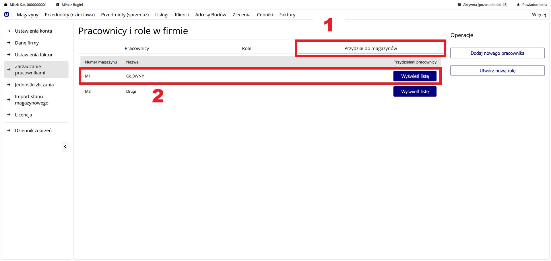 Widok podstrony z listą magazynów