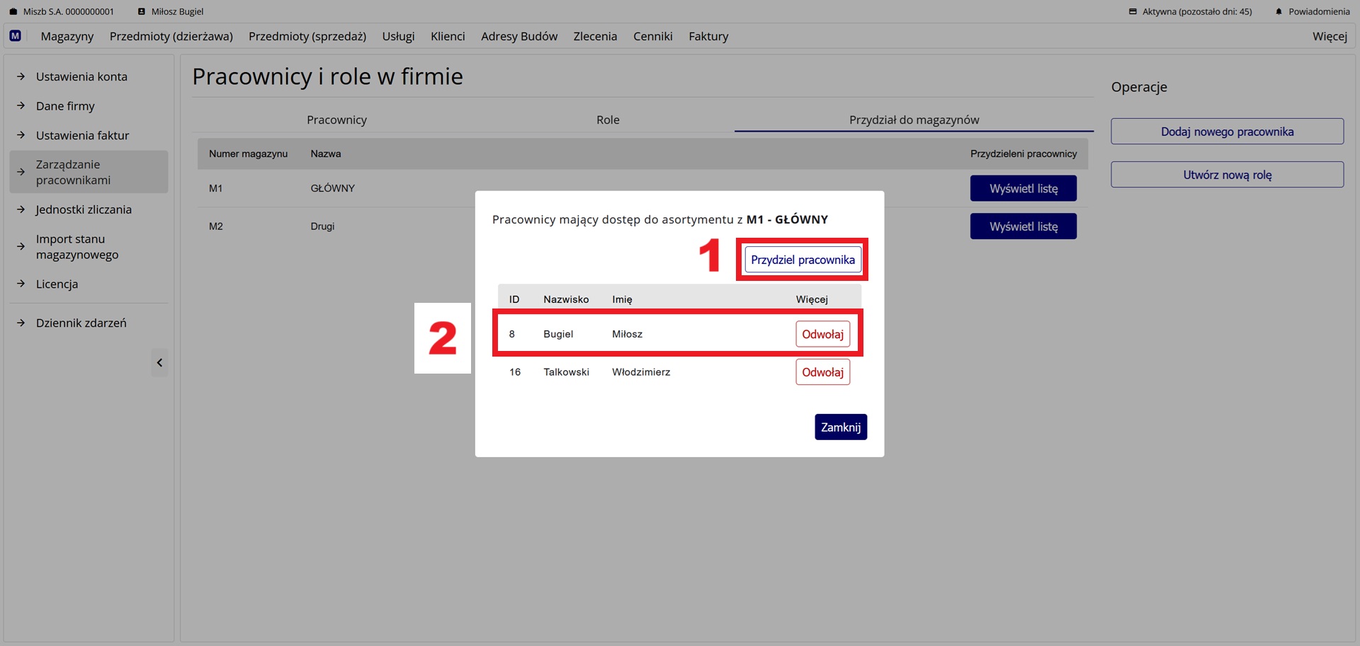 Okno z listą pracowników przydzielonych do magazynu
