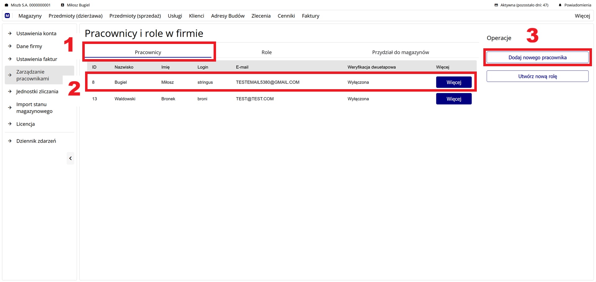 Widok podstrony z listą pracowników