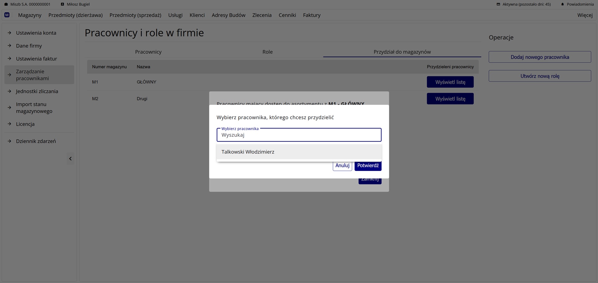 Okno wyboru pracownika do przydzielenia