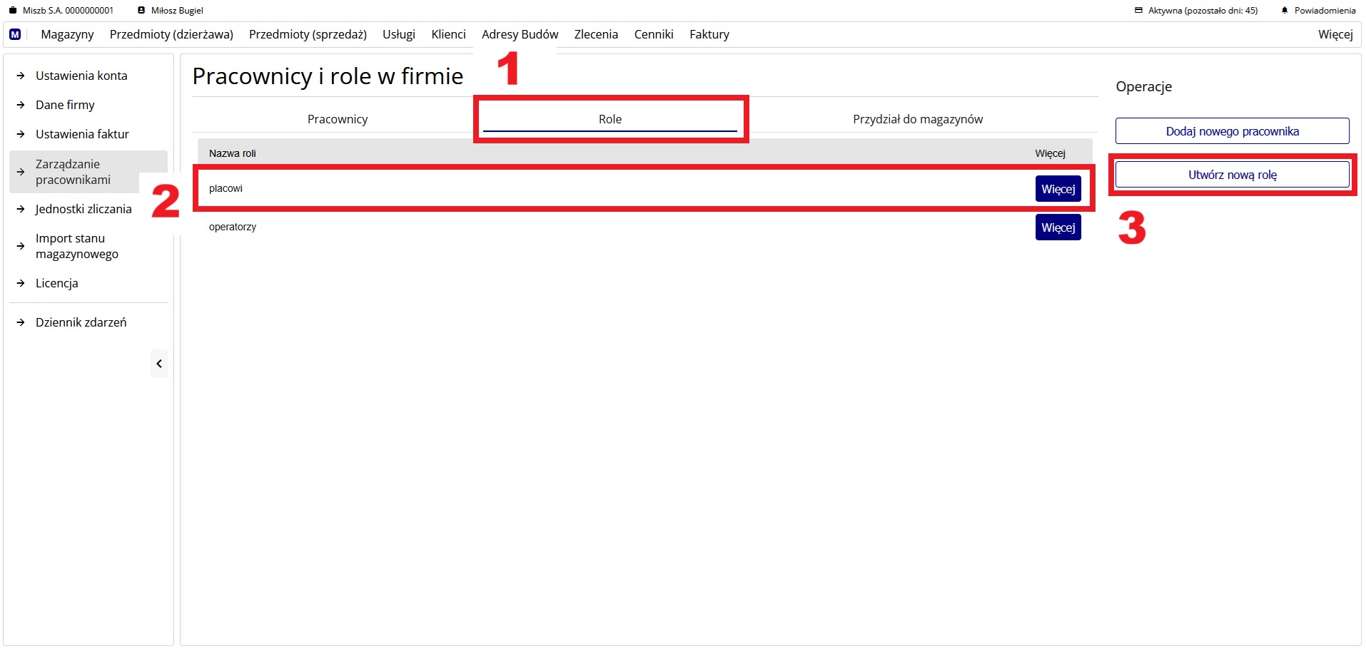 Widok podstrony z listą ról