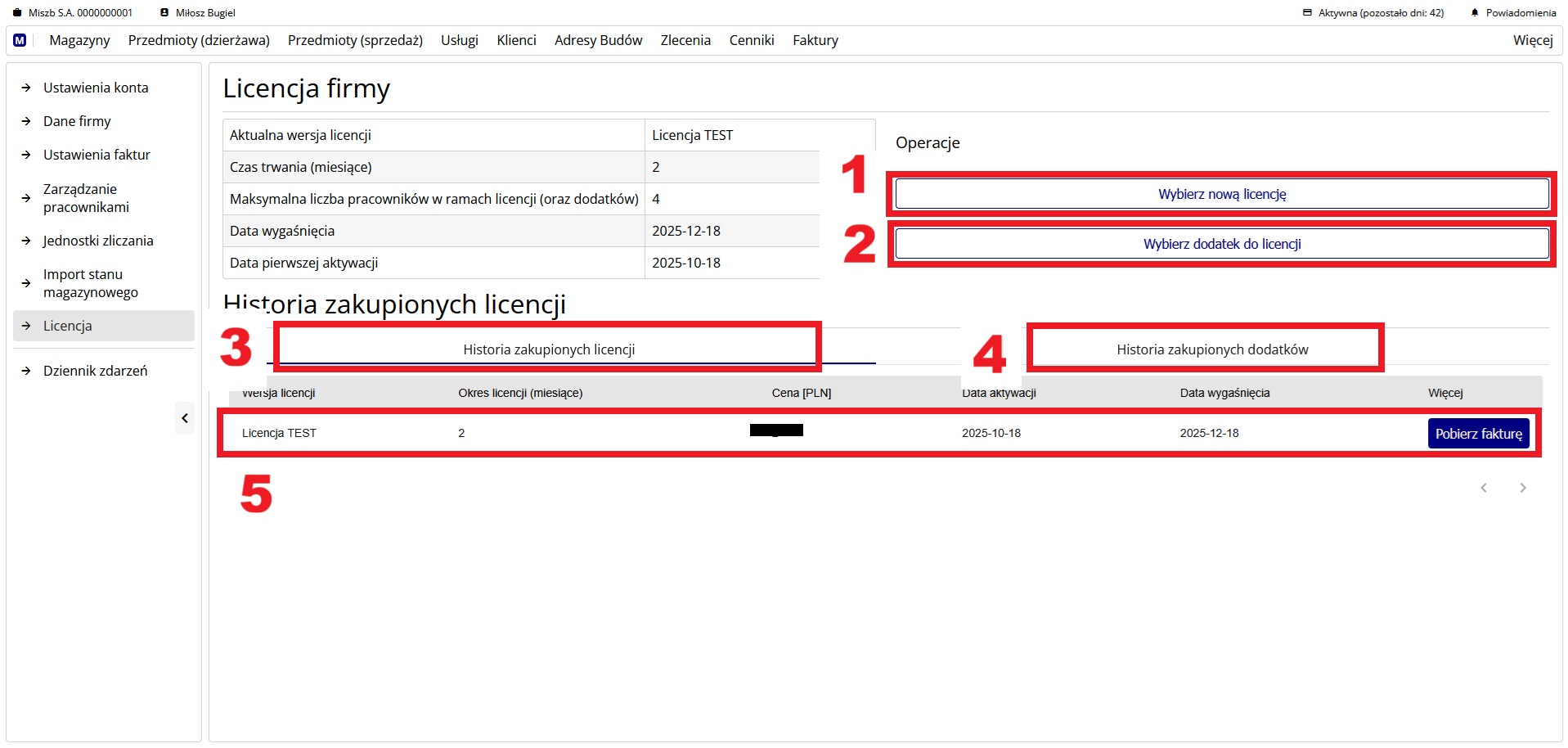 Widok podstrony zarządzania licencją