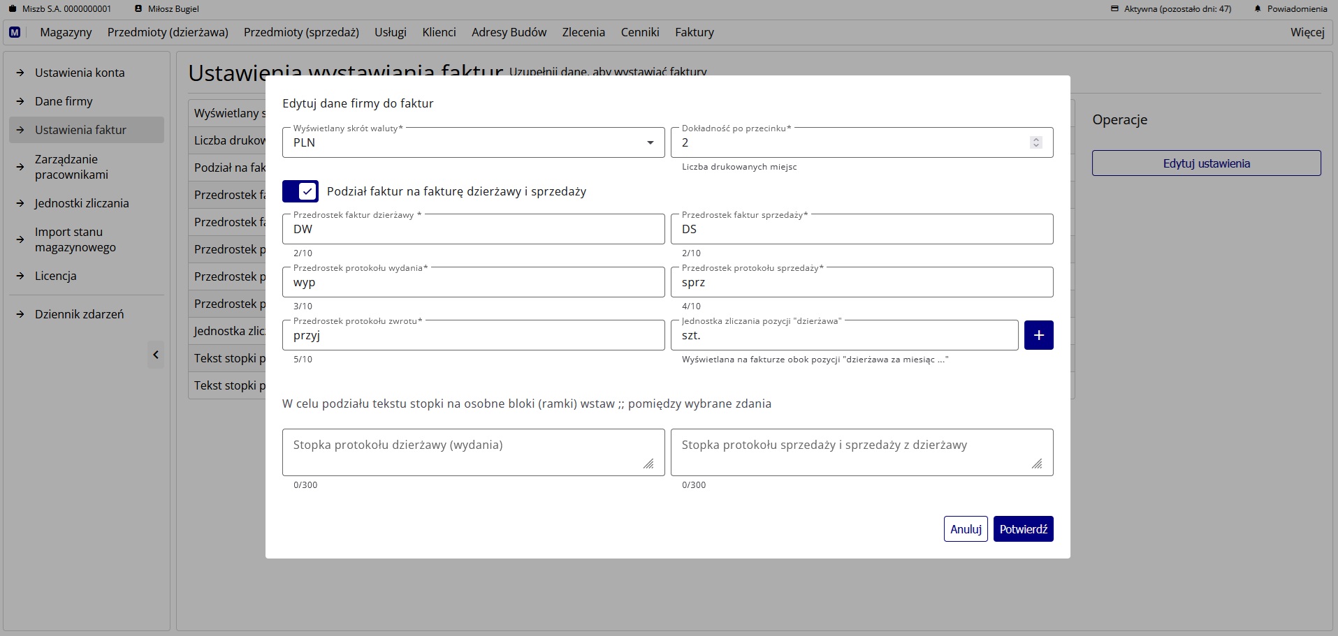 Okno edycji ustawień faktur i protokołów