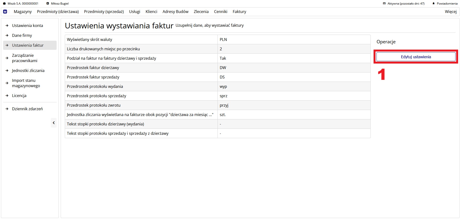 Widok podstrony z zastosowanymi ustawieniami faktur