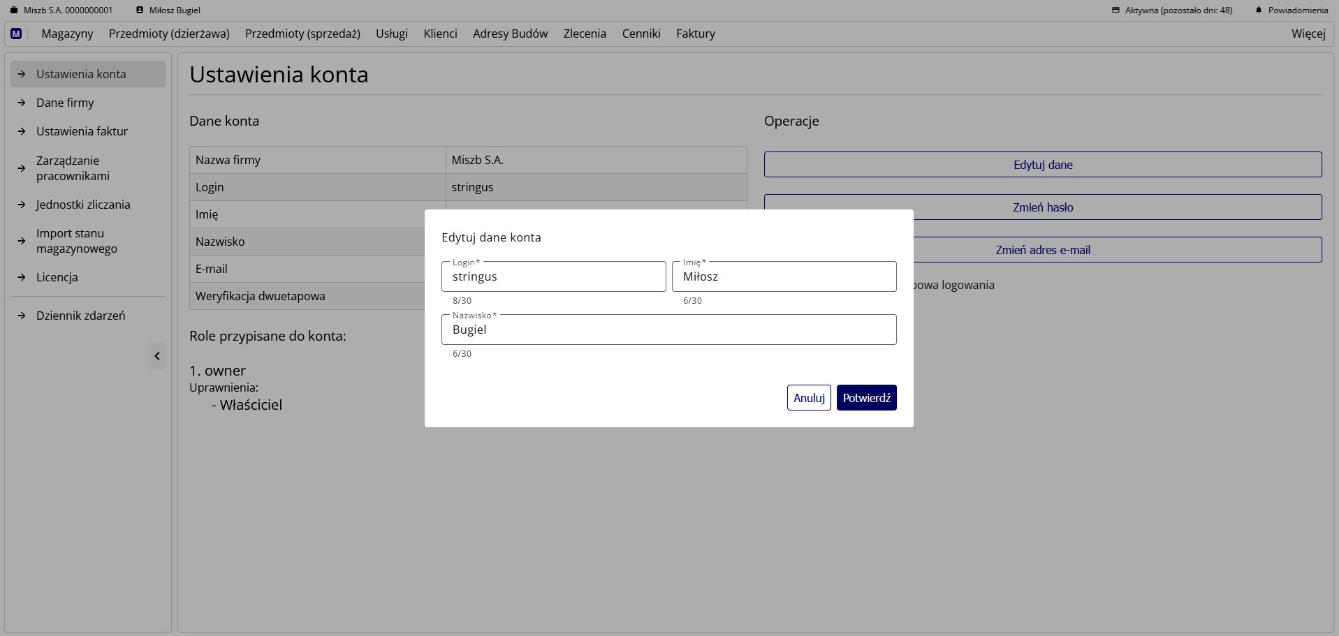 Okno edycji danych konta