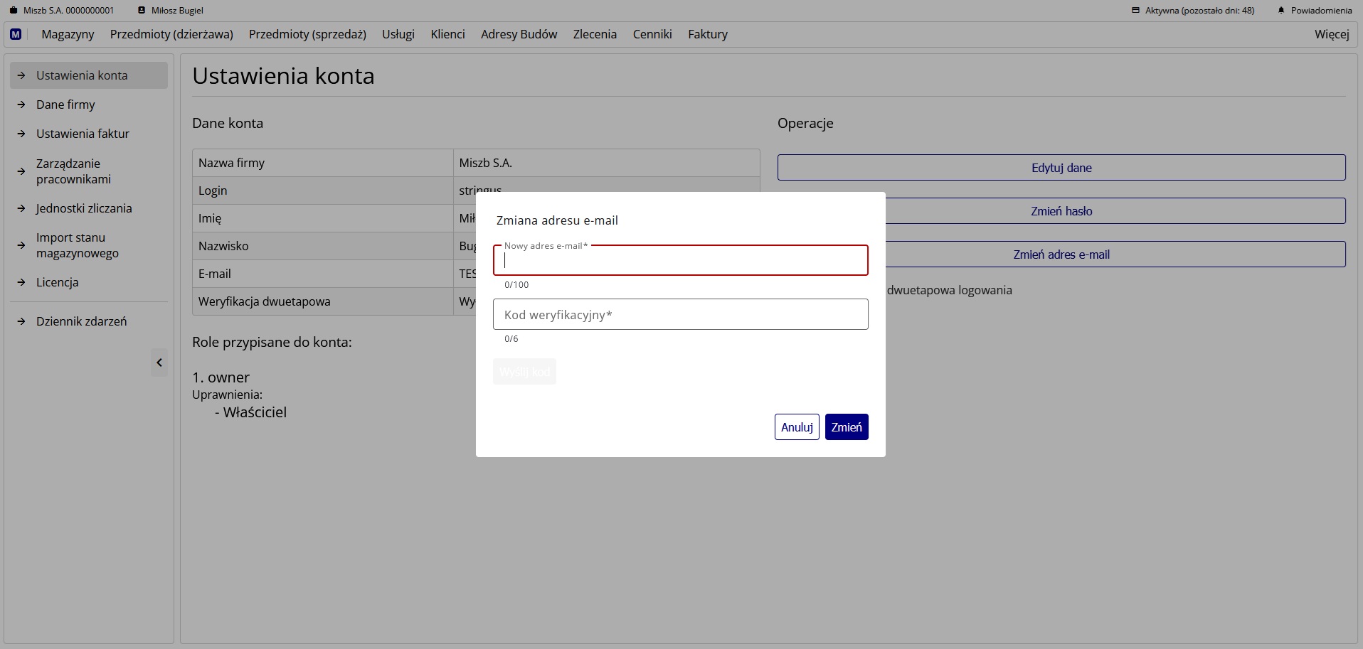 Okno zmiany adresu e-mail