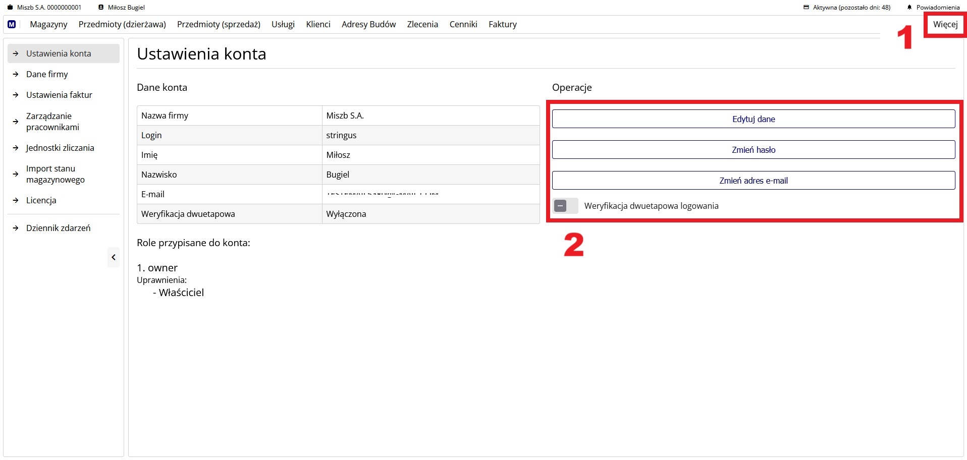 Widok podstrony ustawień konta