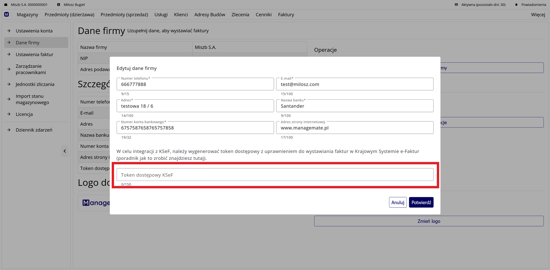 Wprowadzanie tokena KSeF w programie Managemate