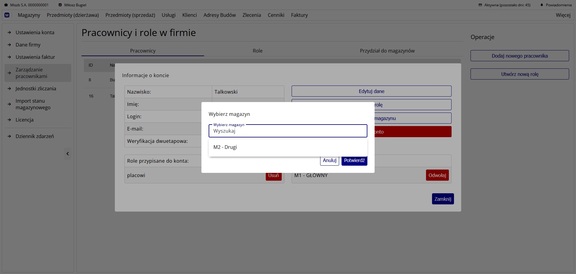 Okno wyboru magazynu, do którego chcemy przydzielić pracownika