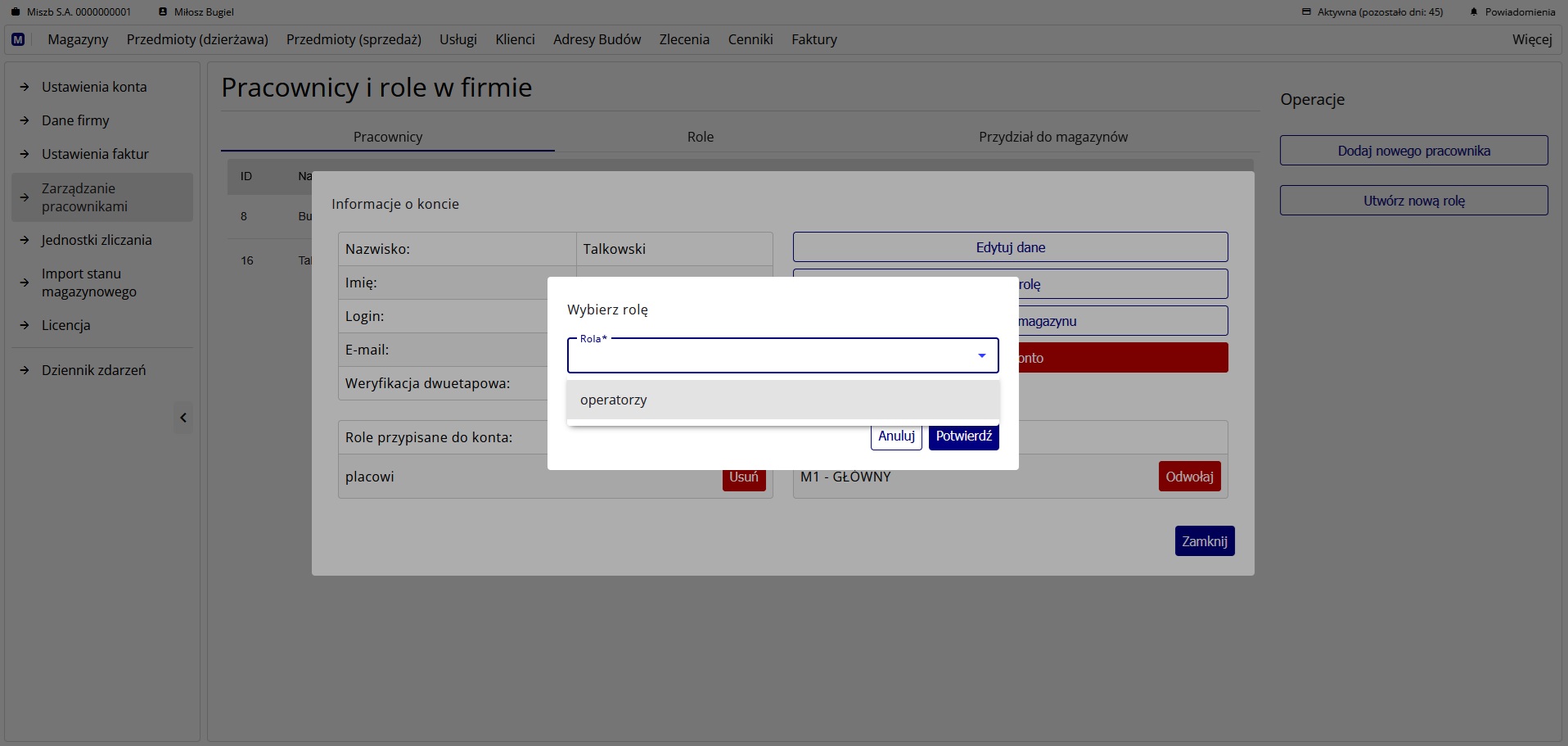 Okno wyboru roli do nadania pracownikowi