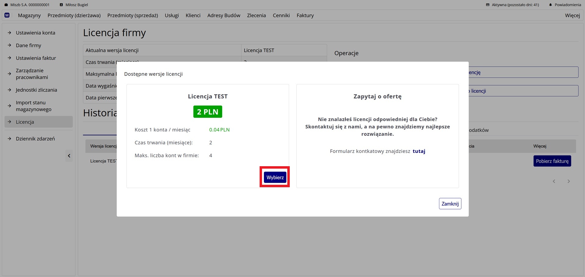 Okno wyboru wersji licencji