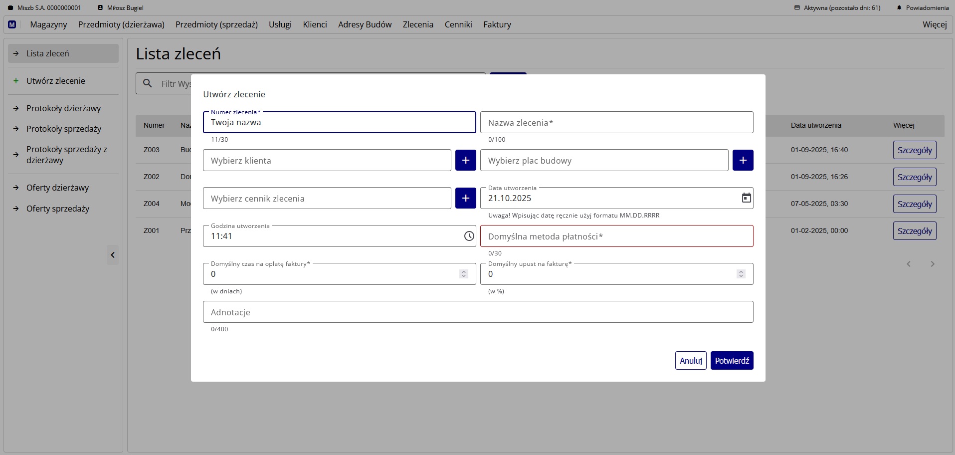 formularz dodawania nowego zlecenia