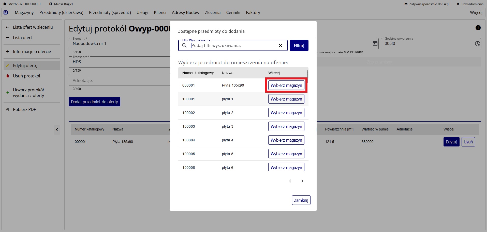 Okno z listą przedmiotów dostępnych do dodania do oferty dzierżawy