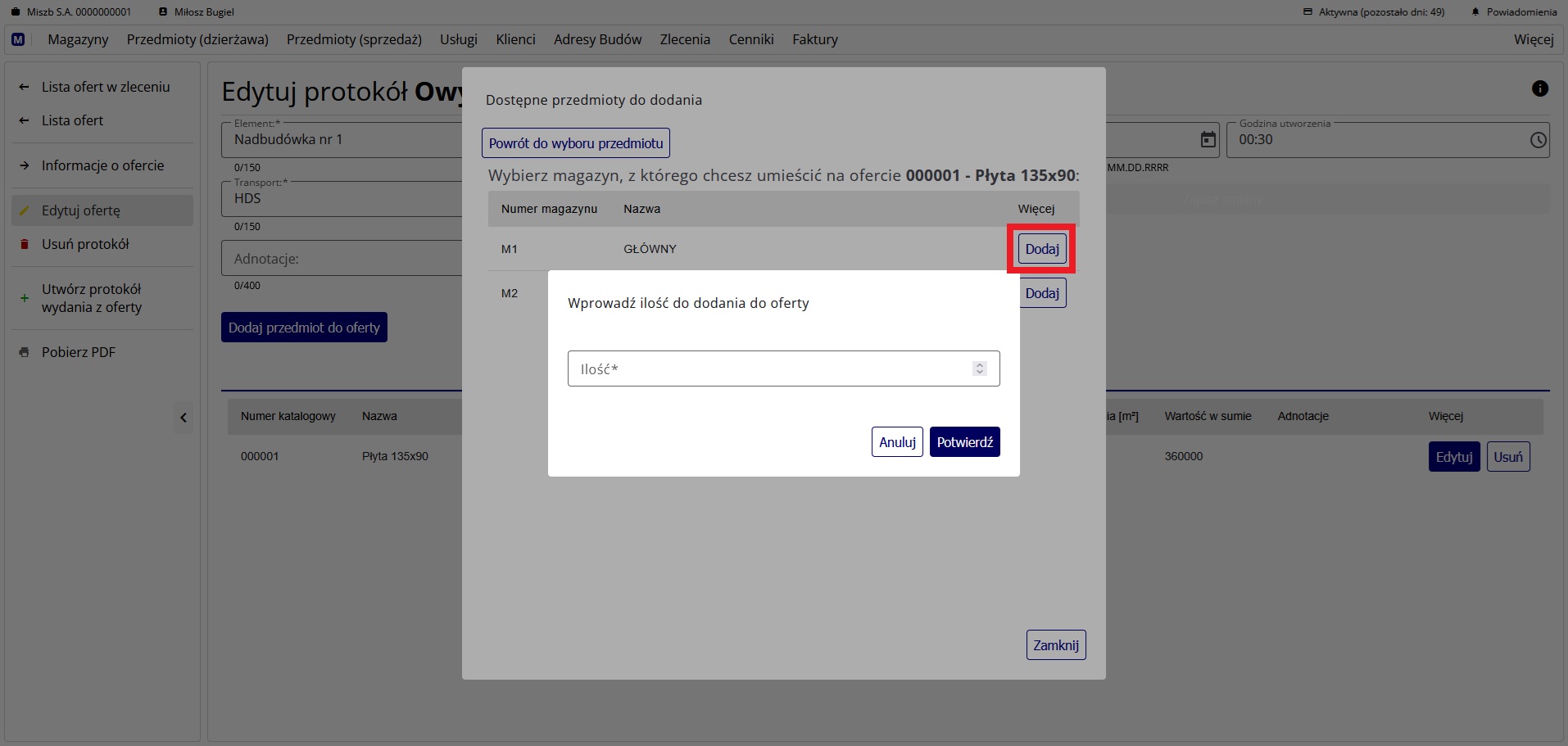 Wprowadzanie ilości przedmiotu do dodania do oferty dzierżawy