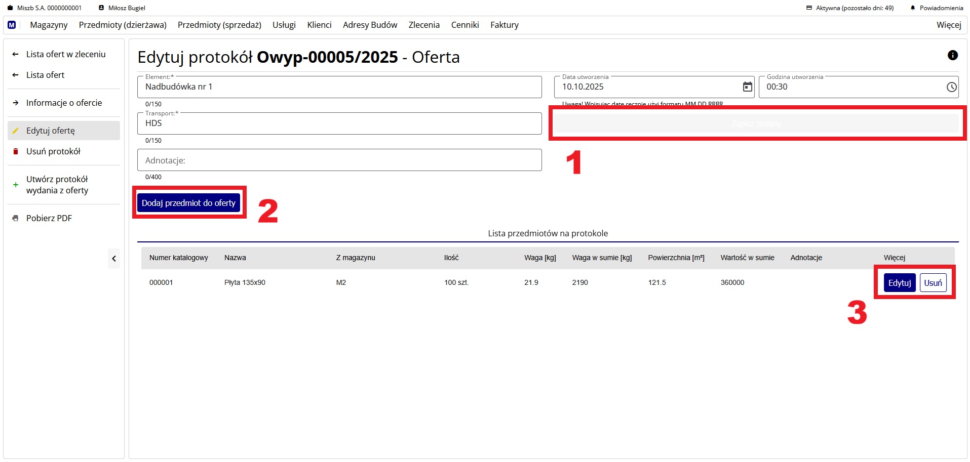 strona przedstawiająca edycję oferty dzierżawy