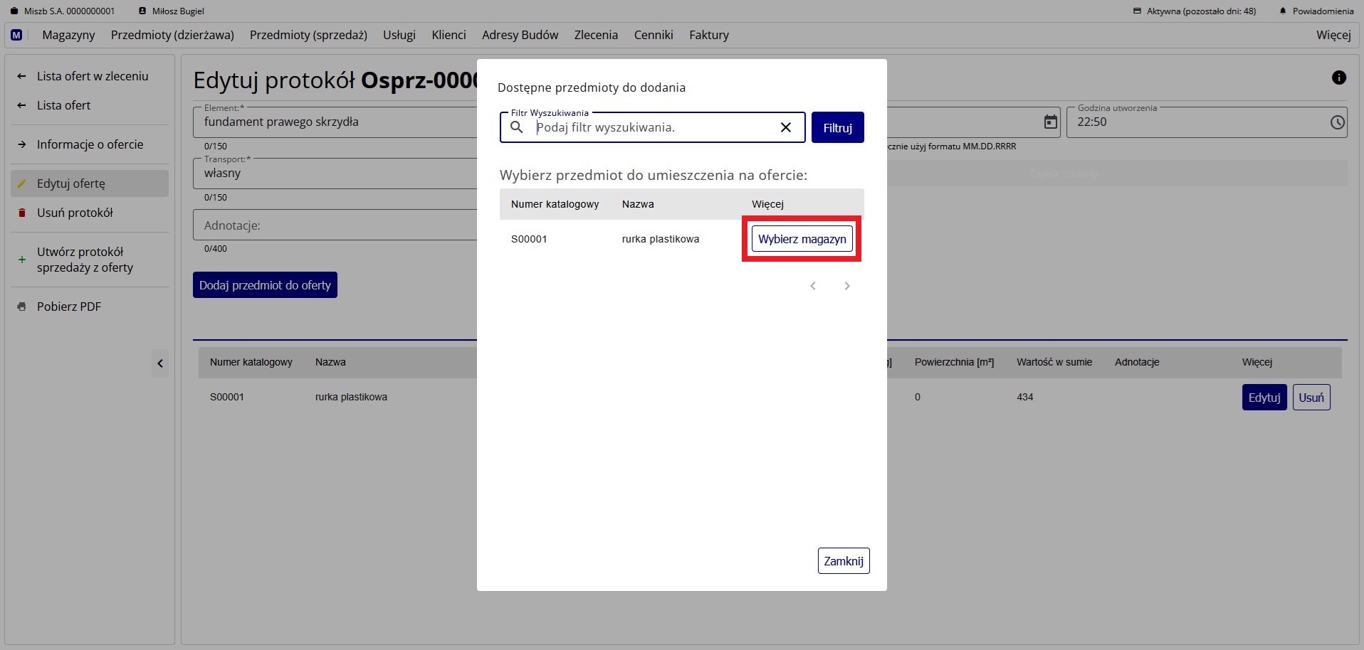 Okno z listą przedmiotów dostępnych do dodania do oferty sprzedaży