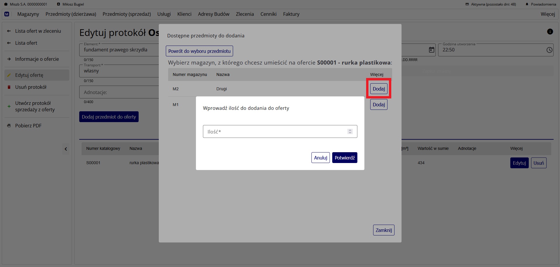 Wprowadzanie ilości przedmiotu do dodania do oferty sprzedaży