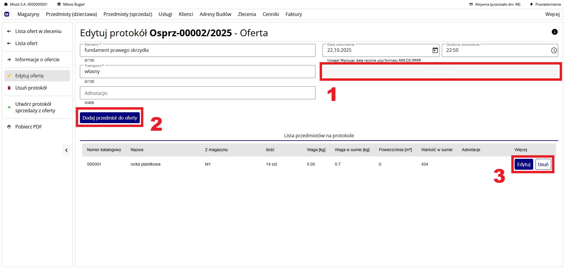strona przedstawiająca edycję oferty sprzedaży