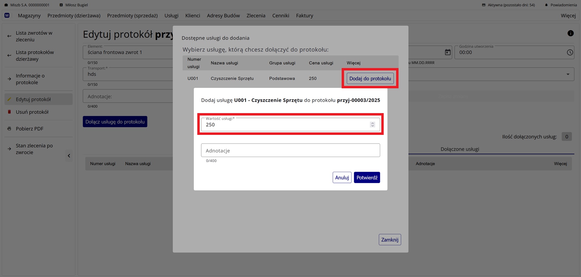 Okno z listą dostępnych usług do przypisania do protokołu dzierżawy