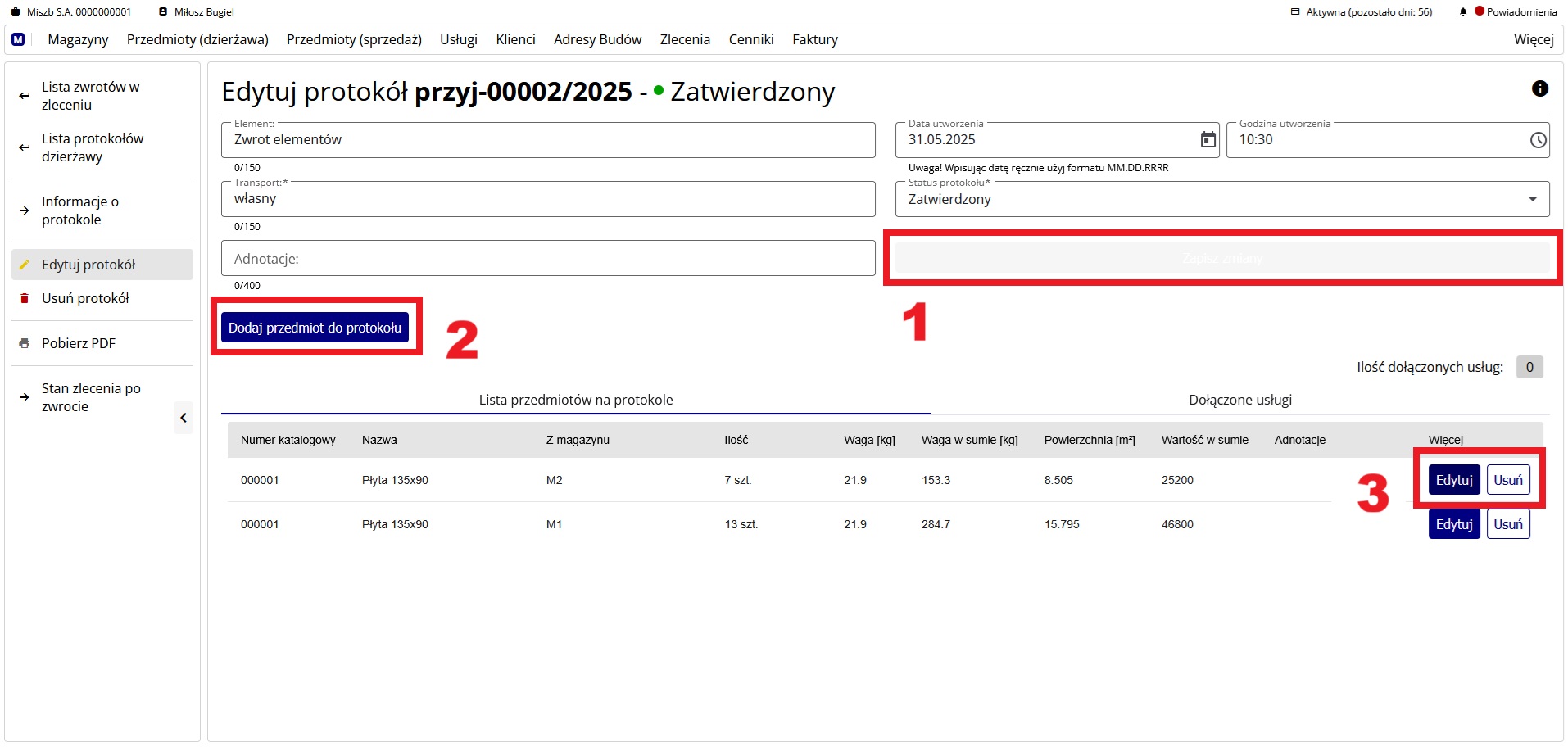strona przedstawiająca edycję protokołu zwrotu i wydania